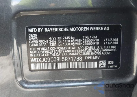 2020 BMW X1 xDrive28I из США, поврежденный, VIN WBXJG9C08L5R71788